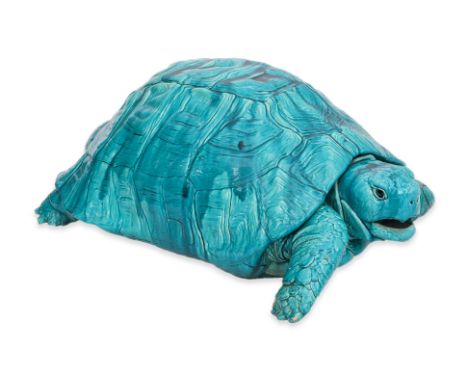 AN EXTREMELY LARGE CLEMENT MASSIER CERAMIC MODEL OF A TORTOISE France, Circa 1910, naturalisticaly modelled with a turqouise 