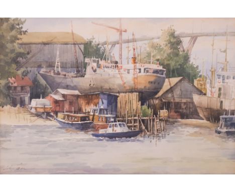 TAN LEONG KHENG (SINGAPORE, B.1938) - BOAT YARD SCENE
Probably MArina Bay with Sheares Bridge/Flyover beyond, watercolour, si