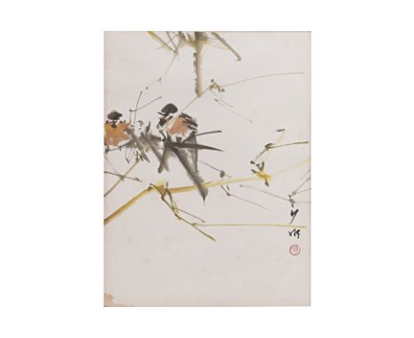 CHEN SIEW MIN (SINGAPOREAN, B. 1940) - SPARROWS ON A BRANCH
Ink and colour on paper, inscribed and signed with seal to lower 