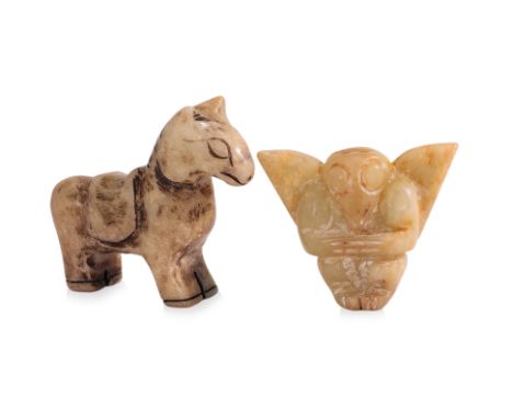 TWO JADE CARVINGS
An archaistic horse in grey-green tones with painted russet, and a mythical bird in green-brown tones
5cm x