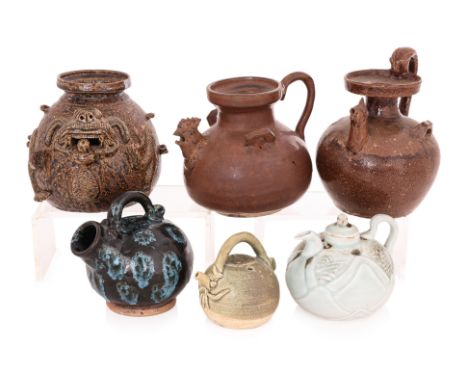 A GROUP OF SIX ASSORTED JUGS
20th century, two grown glazed chicken type ewers, a mythical beast water pourer, a pale blue gl