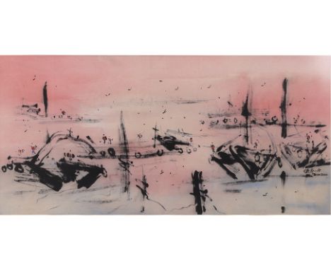 LEE TECK SUAN (LI DEZHAUNG) - (SINGAPORE, B.1958) - LANDSCAPE WITH BOATS
Ink and colour on paper, signed and dated '89 lower 