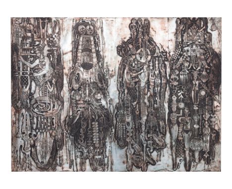 BRUCE ONOBRAKPEYA (NIGERIAN, B. 1932) - 'AMWA ULOHO BIEMURE ADJENE KABIYESI'
Metal foil relief panel, signed and dated '1982'