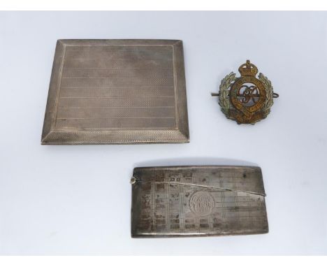 Two silver cigarette cases and a Royal engineer hat badge, one gilded inside, Birmingham, 1925, engraved provisional pat 2042