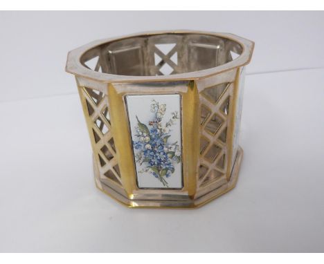A Dutch heavy silver plate five piece tea service, tray and spoons with enamel porcelain panels featuring Forget-Me-Not flowe