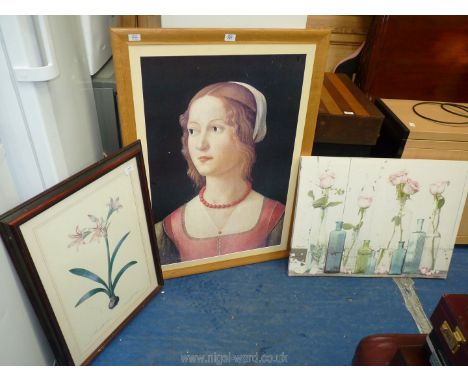 Three prints including portrait, floral, etc.
