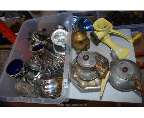 A quantity of pewter including Teaset, enamel table mounted mirror, etc.