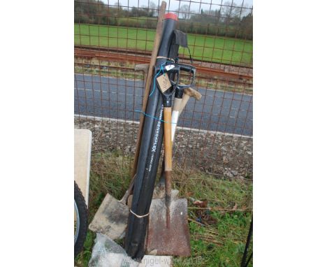 Four shovels, a spade, a fork and four extending fishing poles, two made by Ron Thompson.