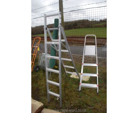 A small pair of aluminium steps and a large step ladder.