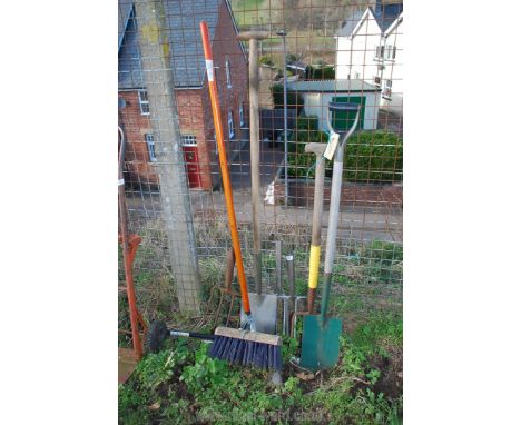 Stainless steel fork (no handle), long handled stainless steel spade, yard broom etc.