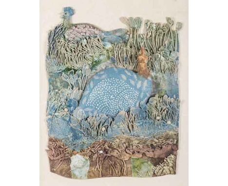 A CERAMIC GUINEA FOWL PLAQUE, ANTON BOSCH (1958-) depicting guinea fowl amongst wildflowers and grasses 55,5cm high, 42cm wid