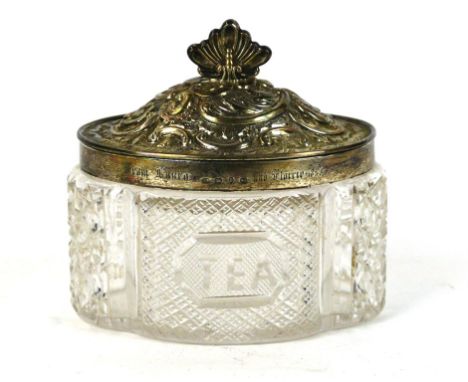 A Victorian silver and cut-glass tea caddy, by L Spiers, Birmingham 1892
Of oval form, with cut-glass engraved 'TEA', the sil