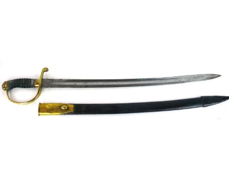 A Victorian police officer's/prison warden's sword
56cm curved single edged, single fullered blade, brass guard, fish skin gr