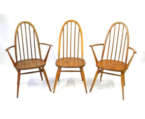 A set of three Ercol light elm Quaker spindle back chairs
Comprising two armchairs and one single chair.
