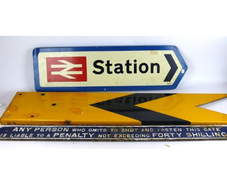 A collection of Railwayana 
To include a cast metal sign 'Any person who omits to shut and fasten this gate is liable to a pe