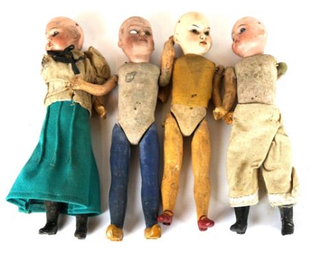 Four German bisque headed dolls 
In need of restoration, by Armand Marseille, comprising doll lacking wig with fixed blue eye