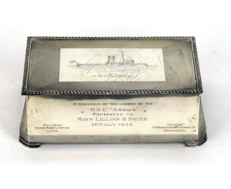 Of Manchester Ship Canal Interest: An Art Deco silver souvenir presentation cigarette box
By Turner & Simpson Ltd., Birmingha