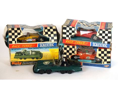 Eight boxed and two unboxed Scalextric racing cars 
and sports/saloon cars, and a boxed Dinky Toys armored command car no.602