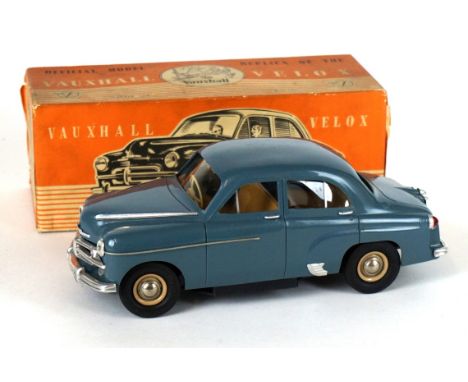 A boxed Victory Models Vauxhall Velox 
Blue, mustard yellow interior, metal wheels, steel hubs, with aluminium fittings, stee