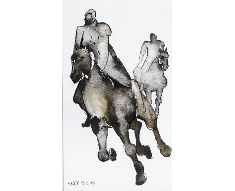 Geoffrey Key (Manchester b. 1941)- 'Riders Parting'
Ink and wash on paper, signed and dated 9.2.88, bears artists printed lab