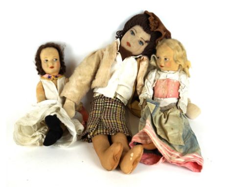 Four felt dolls by various makers 
Comprising Chad Valley Bambina cloth doll with blue glass eyes in short pink dress, height