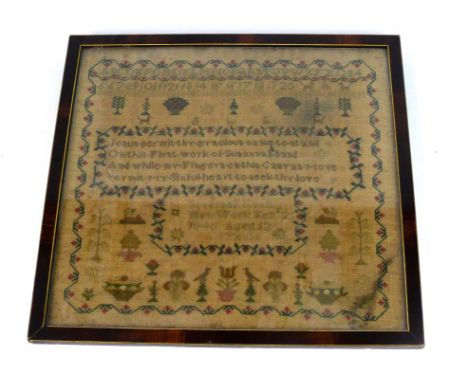 A 19th Century tapestry alphabet sampler 
With religious verse, by Susannah Read, 1846 aged 12, 29x31cm.
