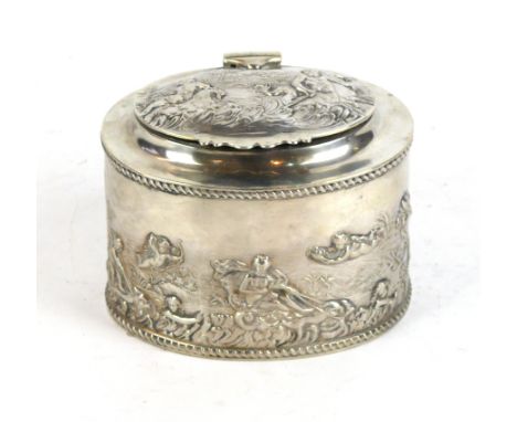 A Victorian silver tea caddy, makers marks indistinct, Birmingham 1900
Of oval form, embossed with scenes of dancing figures 