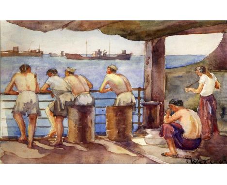 Tadeusz Was (Polish, 1912-2005) - 'Sailors on Deck'
Watercolour, signed and dated (19)43, approx 20x29cm, mounted but unframe