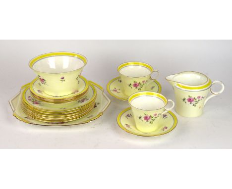 A Shelley six setting tea service
Decorated in the Regent shape, comprising bread plate, milk jug, sugar bowl, six cups, six 