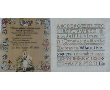 A 19th Century tapestry sampler  
Decorated with a figure in landscape, inscribed with a verse and signed Jane Park February 
