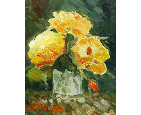 Stephanie Dingle (British, b. 1926)- 'The Three Roses' 
Oil on board, signed, bears artists label verso, also bears label ver