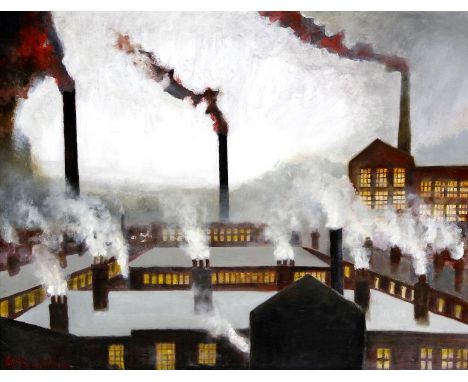 David Barrow (British, b. 1959)- 'Factories and Chimneys'
Oil on board, signed 'Atherton' (Atherton is a pseudonym for David 