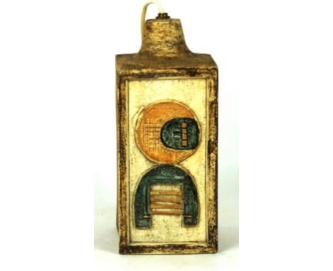 A Troika pottery Newlyn lamp base of square form
Relief decorated with stylised motifs on a manganese ground, painted marks a