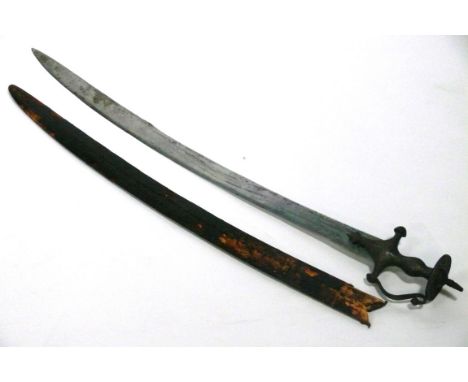 An Indian Tulwar sword, 19th Century
79cm curved single edged blade, steel grip with disc pommel, complete with wood and leat