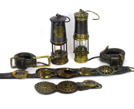 An Eccles Type S 162 protector miner's lamp
Height 25cm, together with an unusual miner's lamp, numbered 2, also two horse br