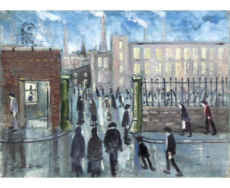 Charles M Jones (British, 1923-2008) - 'Factories and workers'
Oil on canvas, signed, approx 40x51cm, unframed.
NB: Charles J