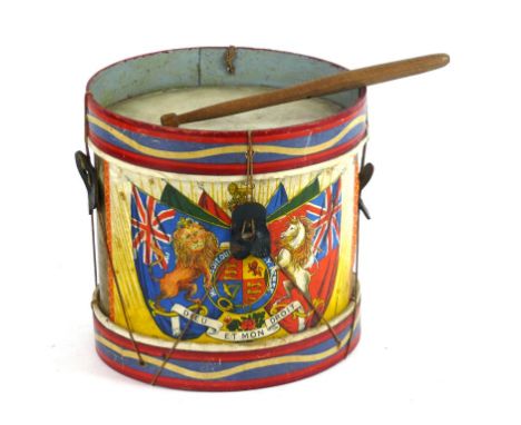 A Victorian child's toy drum
Decorated with Queen Victoria's coat of arms, height 21cm, diameter 22cm, complete with a wooden