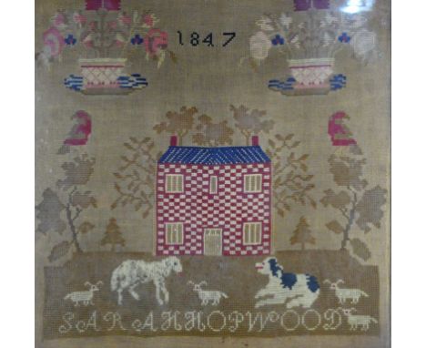 A late 19th Century tapestry sampler
Decorated with a house in landscape with a dog, sheep and lambs, by Sarah Hopwood, 1847,