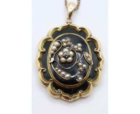 Large Victorian Mourning Locket with black applied enamel, Seed pearl foliage and claw set Old Cut Diamond 0.15ct, Set on Yel
