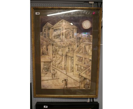 Peter Nuttall (1943-2011 Large Framed Ink and Wash architectural scene. 72 x 52cm 