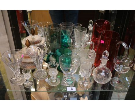 Collection of 19thC and later glassware inc. Cranberry Jug, Thistle glasses, Caithness Smokey glass tankard designed by Domhn