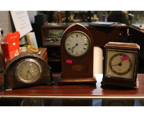 Edwardian arch topped mantel clock with inlaid detail, Oak Enfield clock and a Elliott Walnut cased clock 