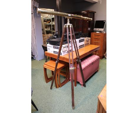 Large 20thC Brass Telescope mounted on wooden tripod base 