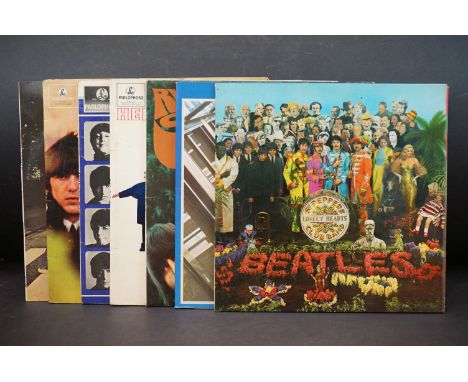 Vinyl - The Beatles 7 LP's to include Sgt Pepper (PMC 7027) nice copy with pink &amp; red inner, insert intact, Abbey Road (P