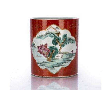 Iron red and famille rose brush potChinese, late 19th Centurypainted with a river landscape in one panel and with birds and f