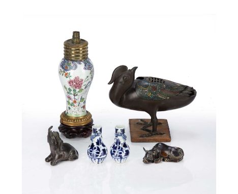 Group of piecesChinese and Japaneseto include two miniature Chinese blue and white vases, a bronze standing bird, 23cm long, 