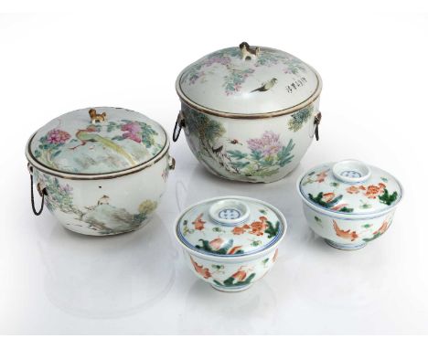 Group of four lidded bowlsChinese, 19th/20th Centurycomprising of a near pair of hand-warming bowls decorated around the exte