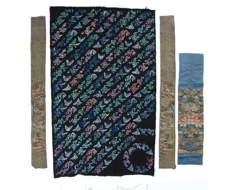 Group of embroidered materialChinese, 19th/20th Centurycomprising of a black ground panel decorated with butterflies, flowers