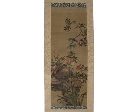 Chinese Schoolportrait of Tao Yuan-Ming, hanging scroll, calligraphy poem above the scholar, signed with three red seals, 110