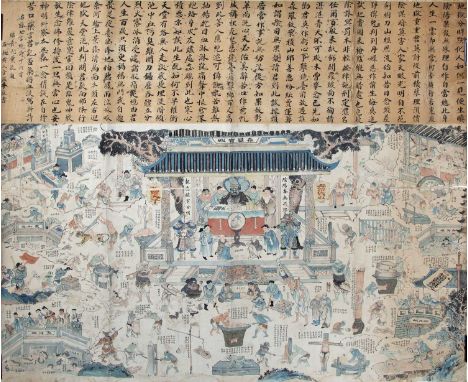 Chinese School19th Centurylarge hanging scroll depicting multiple scenes of torture, each with an inscription and with long i